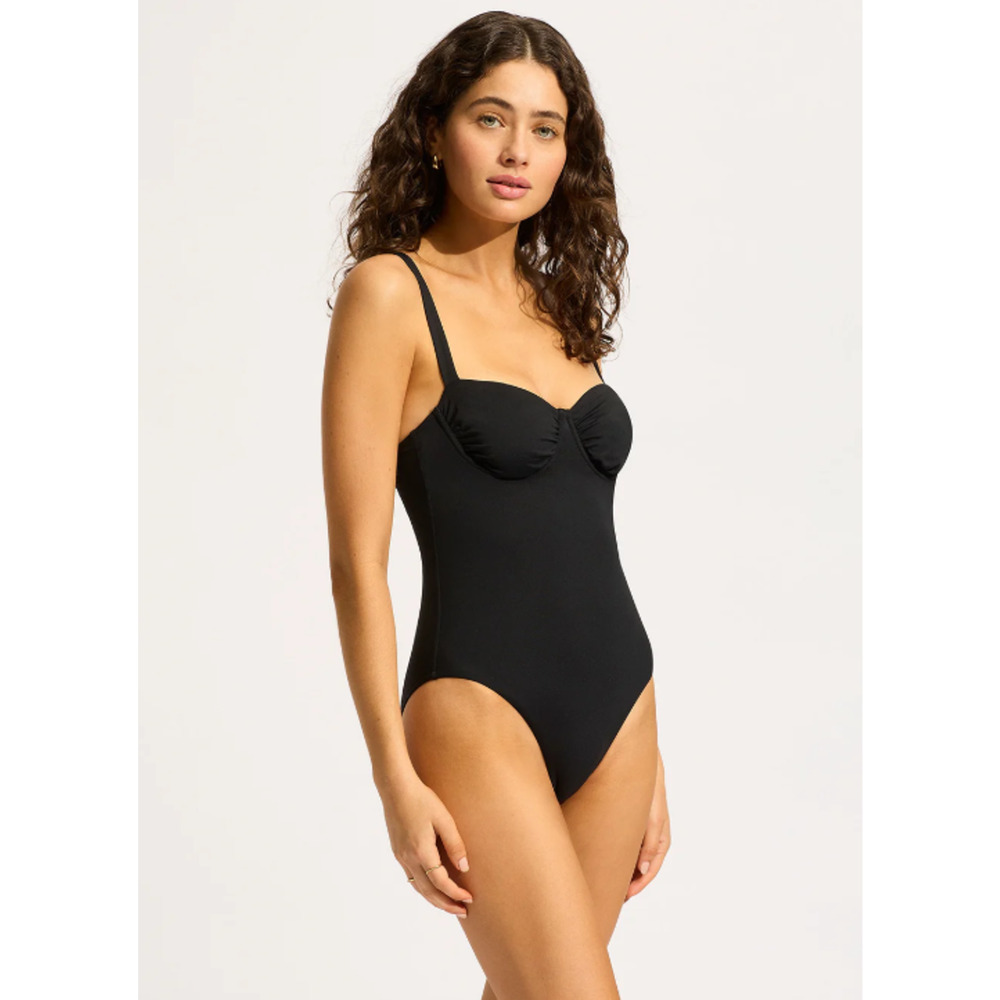 SEAFOLLY Women's Underwire One Piece Swimsuit Size 2 Black Ruched NWT - Picture 3 of 12